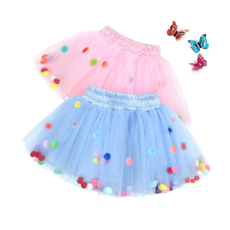 Girls Tulle Pom Pom Tutu Skirt Pink