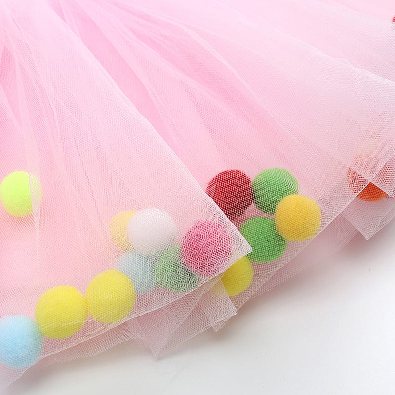 Girls Tulle Pom Pom Tutu Skirt Pink