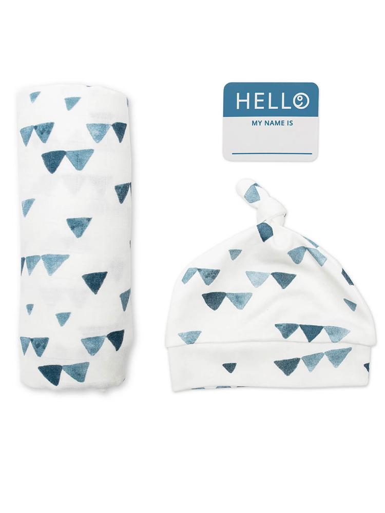 Hat And Swaddle Blanket Hello World Set For New Born By Lulujo Navy Triangles