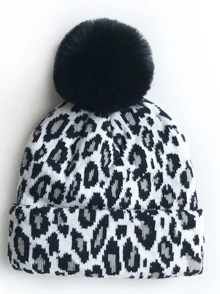 Mum & Me Matching Leopard Faux Pom Pom Hat - SNOW Leopard - Black and White Animal Print - Stylemykid.com