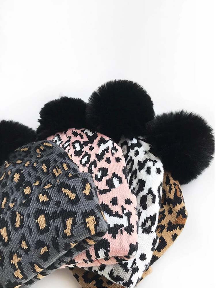 Mum & Me Matching Leopard Faux Pom Pom Hat - BLACK Leopard - Black and Grey Animal Print - Stylemykid.com