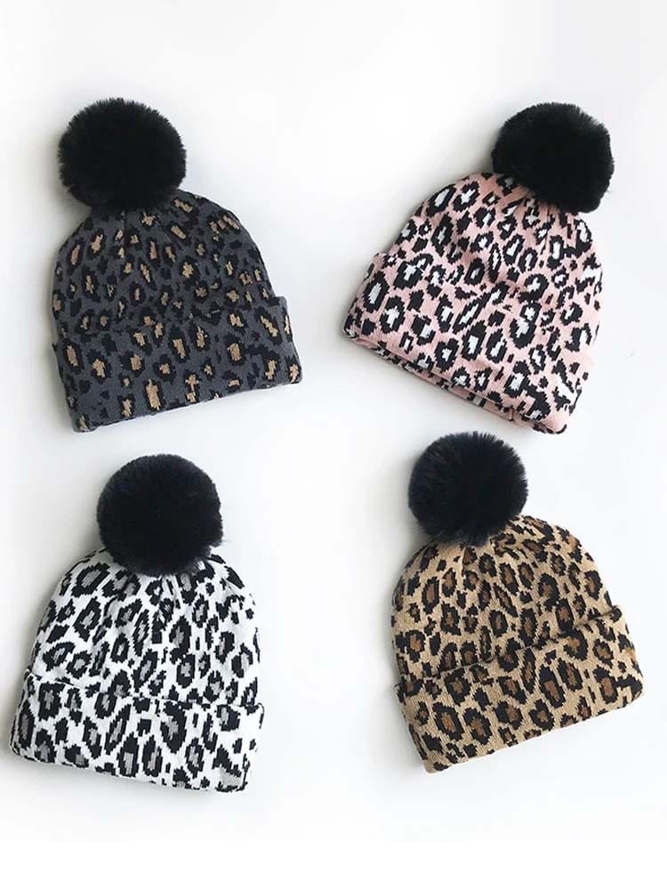 Mum & Me Matching Leopard Faux Pom Pom Hat - BLACK Leopard - Black and Grey Animal Print - Stylemykid.com