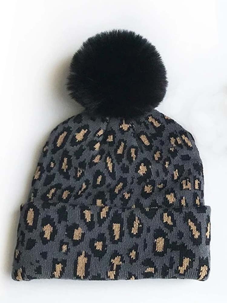 Mum & Me Matching Leopard Faux Pom Pom Hat - BLACK Leopard - Black and Grey Animal Print - Stylemykid.com