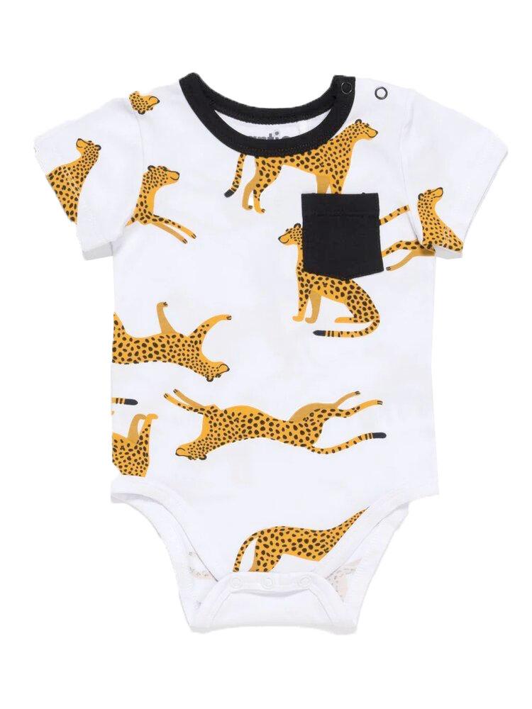 Artie - Leopard Pocket White Short Sleeve Baby Bodysuit - Stylemykid.com