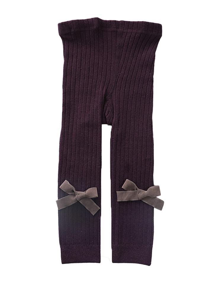 Maroon Ribbon Bow Ribbed Footless Girls Tights/ Leggings - Stylemykid.com