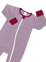 Maroon and White Stripes Baby Zip Sleepsuit with Hand & Feet Cuffs - Stylemykid.com