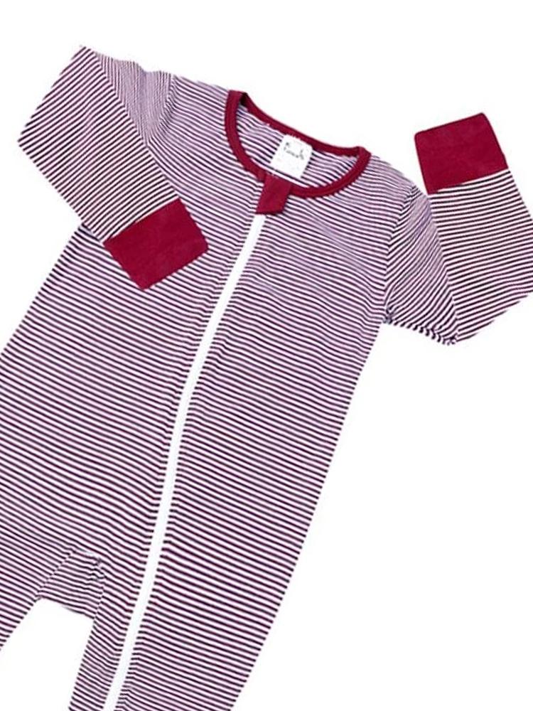 Maroon and White Stripes Baby Zip Sleepsuit with Hand & Feet Cuffs - Stylemykid.com