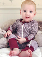 Maroon and White Stripes Baby Zip Sleepsuit with Hand & Feet Cuffs - Stylemykid.com