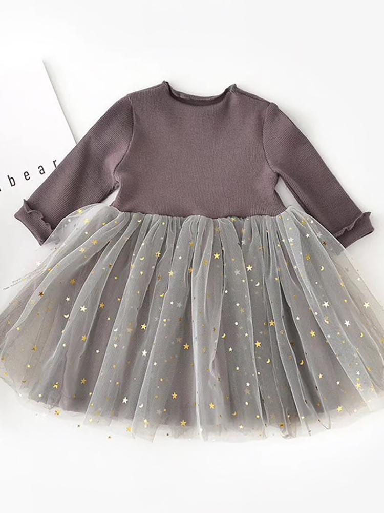 Starlight Little Girls Mocha Grey Party Dress with Tulle & Gold Effects Skirt 6M to 3 Y - Stylemykid.com