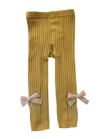 Mustard Ribbon Bow Ribbed Footless Girls Tights/ Leggings - Stylemykid.com