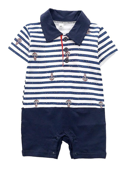 Nautical Stripey Romper - Polo Shirt Style Navy and White All-In-One 0-6 months - Stylemykid.com