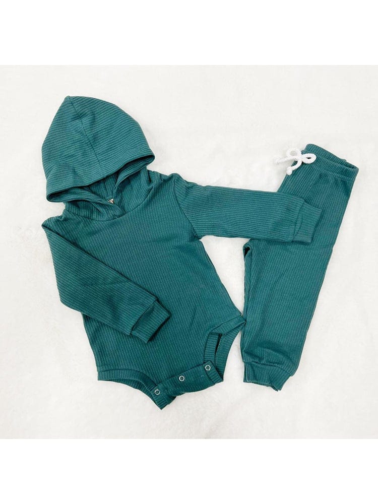 Dark Green Baby Hooded Bodysuit and Bottoms - 2 Piece Ribbed Outfit - 3M-18M - Stylemykid.com