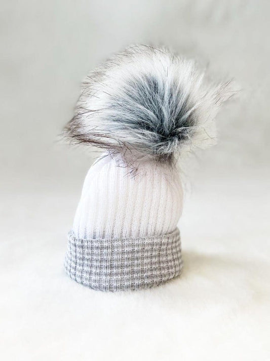 Newborn Grey & White Faux Fur Pom Pom Baby Hat - 0-3 Months - Stylemykid.com