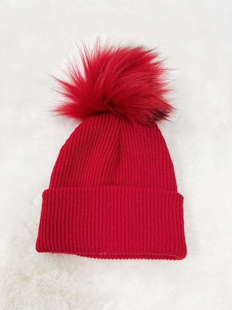 Ribbed Faux Fur Pom Pom Hat - Bright Red - 3-24 Months - Stylemykid.com