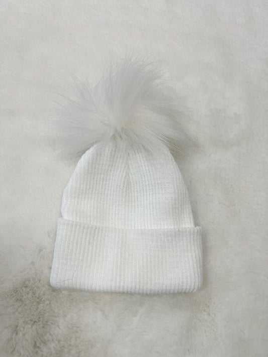 Ribbed Faux Fur Pom Pom Hat - Snow White - 3-24 Months - Stylemykid.com