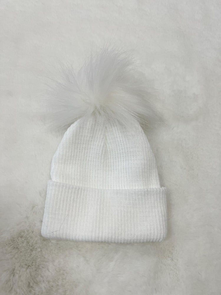 Ribbed Faux Fur Pom Pom Hat - Snow White - 3-24 Months - Stylemykid.com