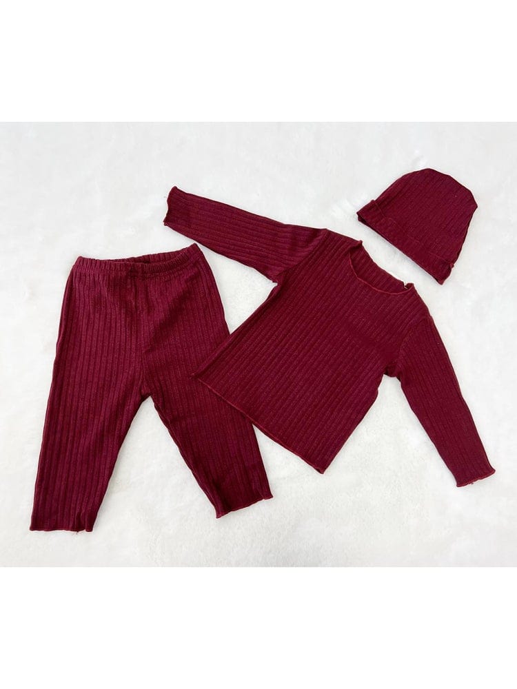 Burgundy Ribbed Top, Bottoms and Matching Hat - 3 Piece Baby Outfit - 3-24 months - Stylemykid.com