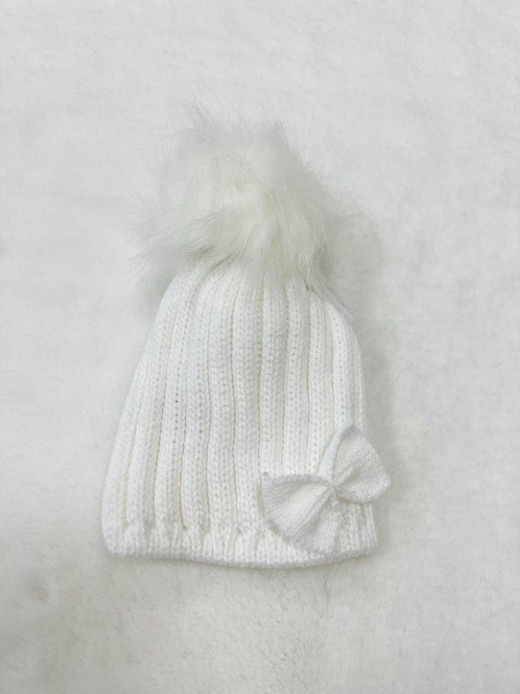 Newborn Bow & Faux Fur Pom Pom Knit Hat - White - Stylemykid.com