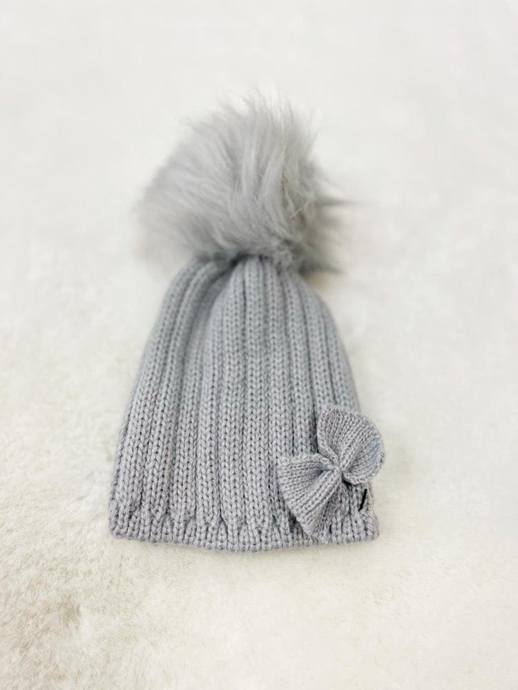 Newborn Bow & Faux Fur Pom Pom Knit Hat - Grey - Stylemykid.com