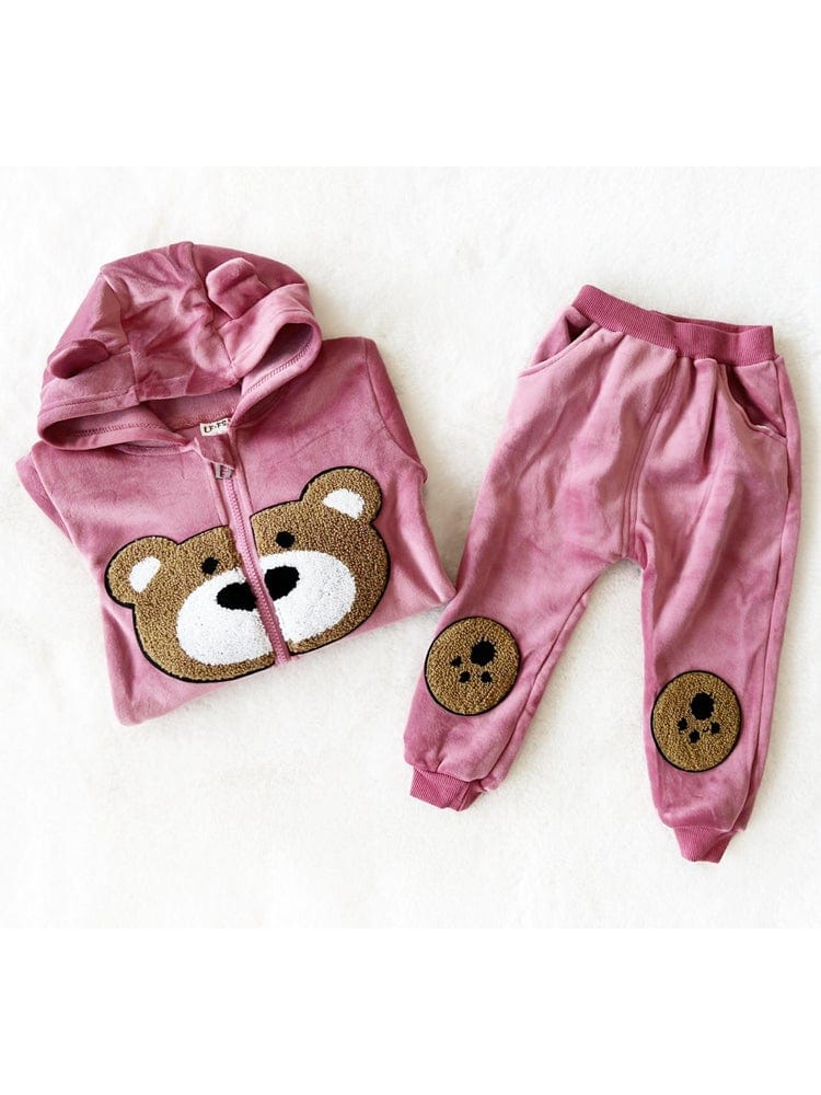 Bear Face Velour Hooded Zip Top & Bottoms - 2 Piece Outfit - Rose Pink - Stylemykid.com