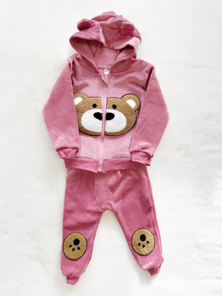 Bear Face Velour Hooded Zip Top & Bottoms - 2 Piece Outfit - Rose Pink - Stylemykid.com