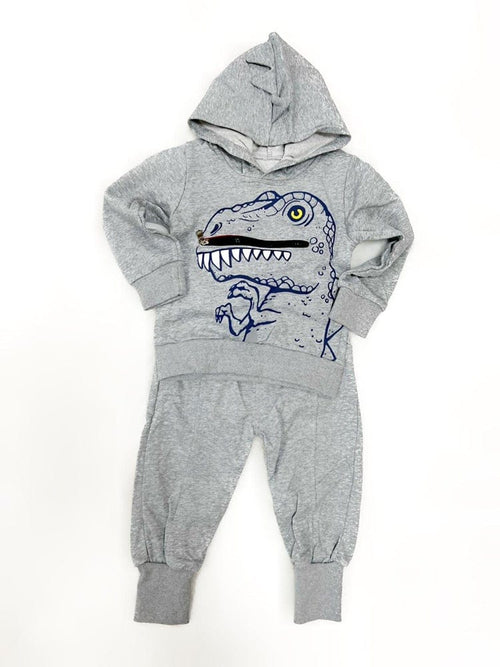 T Rex Zip Mouth and Spikes Dinosaur Hoodie & Joggers - 2 Piece Outfit - Grey 9m to 4Y - Stylemykid.com