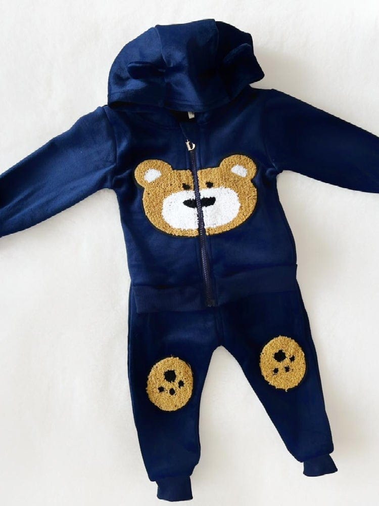 Bear Face Velour Hooded Zip Top & Bottoms - 2 Piece Outfit - Navy Blue - 1 to 4 years - Stylemykid.com