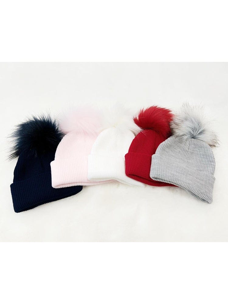 Ribbed Faux Fur Pom Pom Hat - Snow White - 3-24 Months - Stylemykid.com