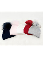 Ribbed Faux Fur Pom Pom Hat - Navy Blue - 3-24 Months - Stylemykid.com
