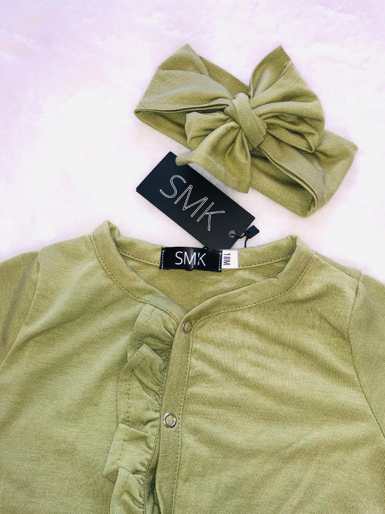 Olive Green Baby Ruffle Footed Sleepsuit with Matching Headband 9 to 18 Months - Stylemykid.com
