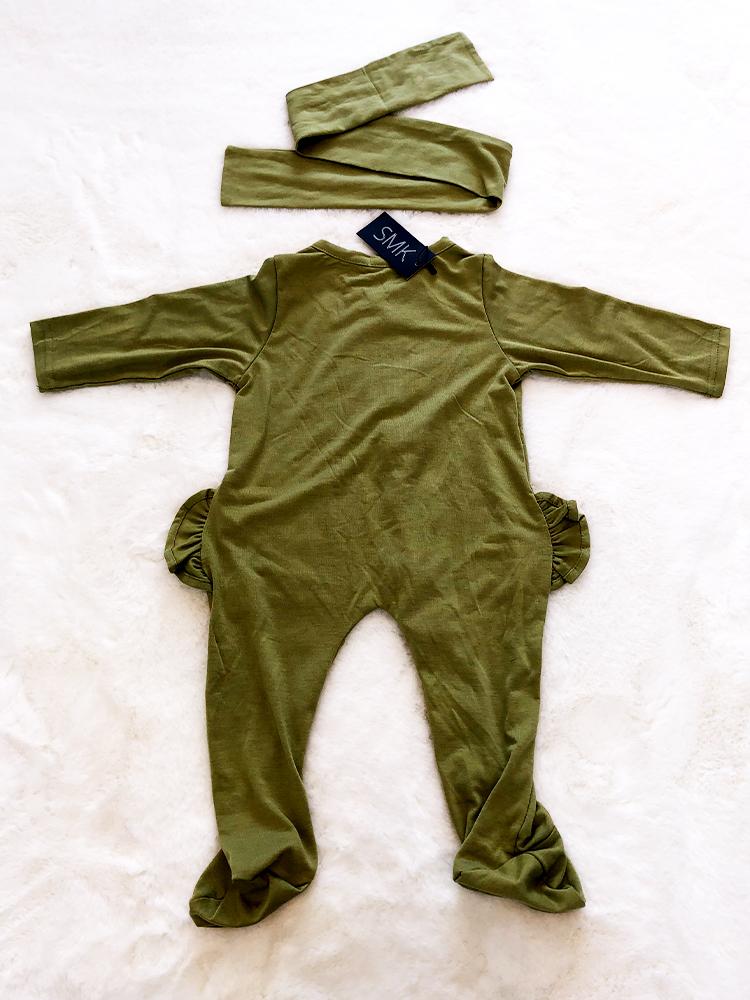 Olive Green Baby Ruffle Footed Sleepsuit with Matching Headband 9 to 18 Months - Stylemykid.com
