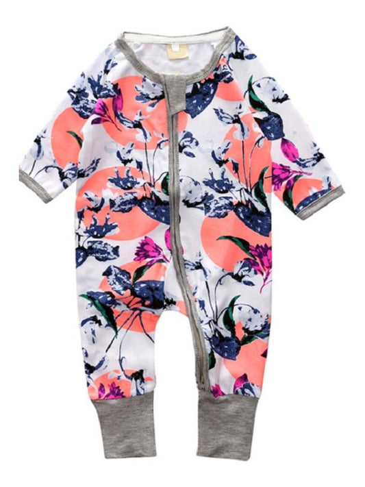 Oriental Flowers - White & Grey Baby Zip Sleepsuit with Turnover Hand & Feet Cuffs - Stylemykid.com