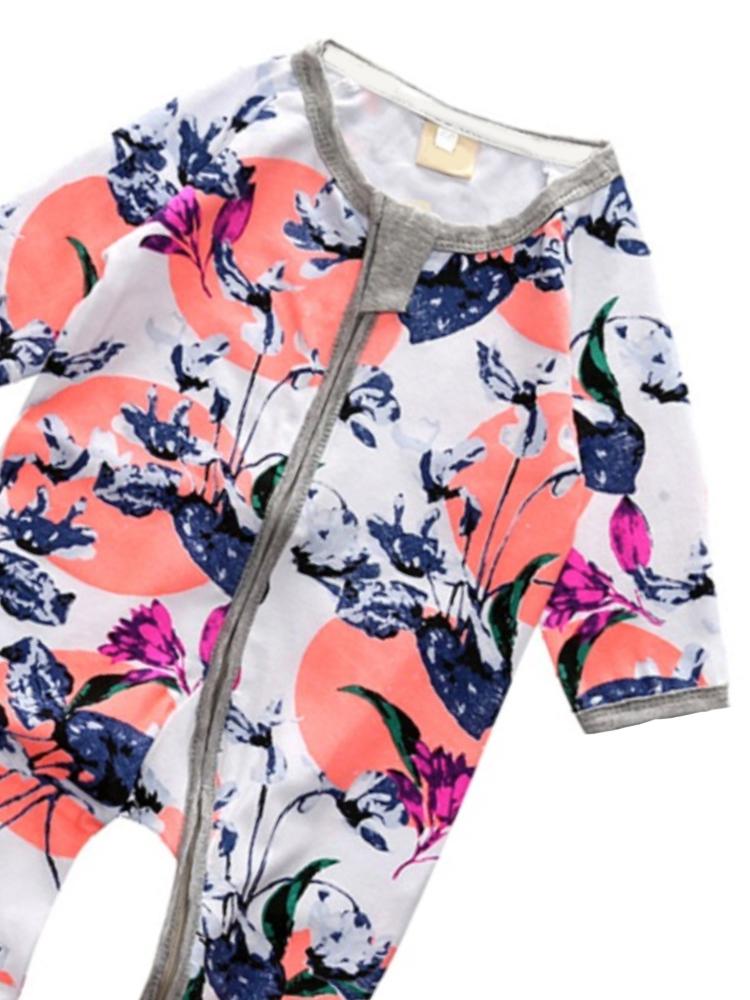 Oriental Flowers - White & Grey Baby Zip Sleepsuit with Turnover Hand & Feet Cuffs - Stylemykid.com