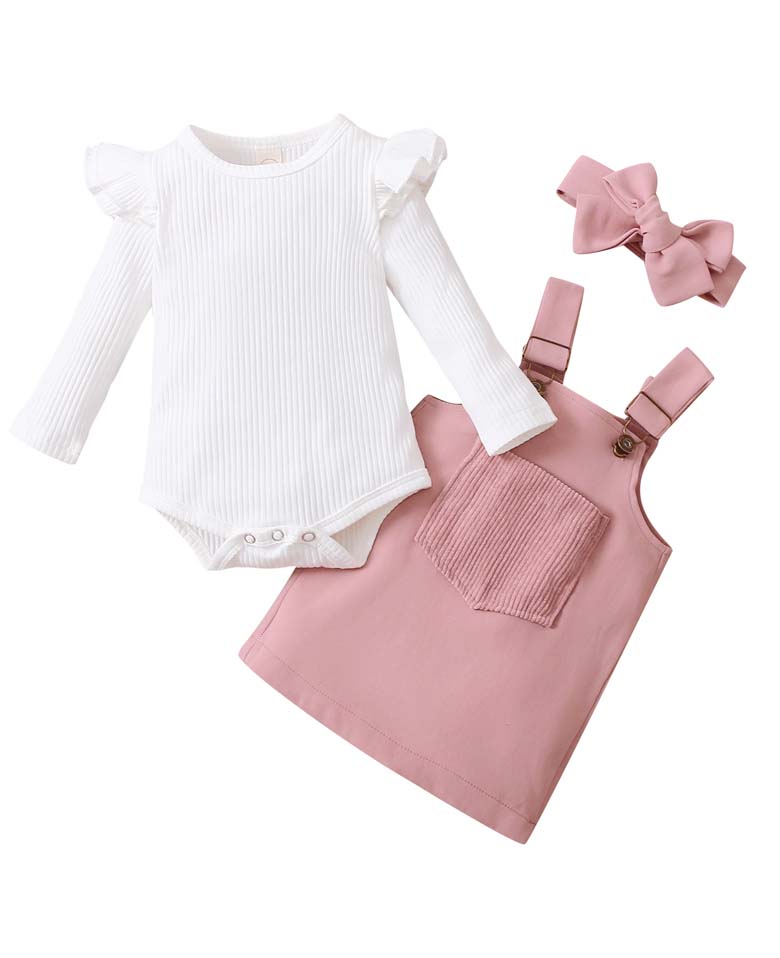 Baby Girl Pink Pinafore Dress, White Bodysuit & Matching Headband 3 Piece Outfit - 3-12Months - Stylemykid.com