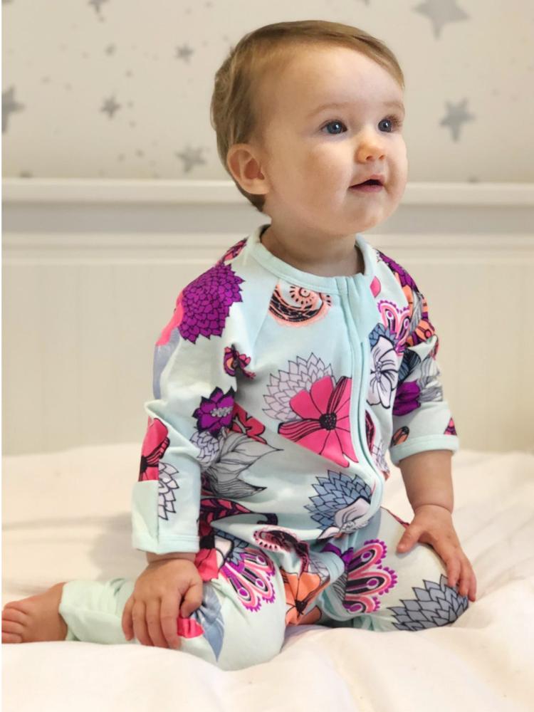 Pale Blue Exotic Flowers Baby Zip Sleepsuit with Hand & Feet Cuffs - Stylemykid.com