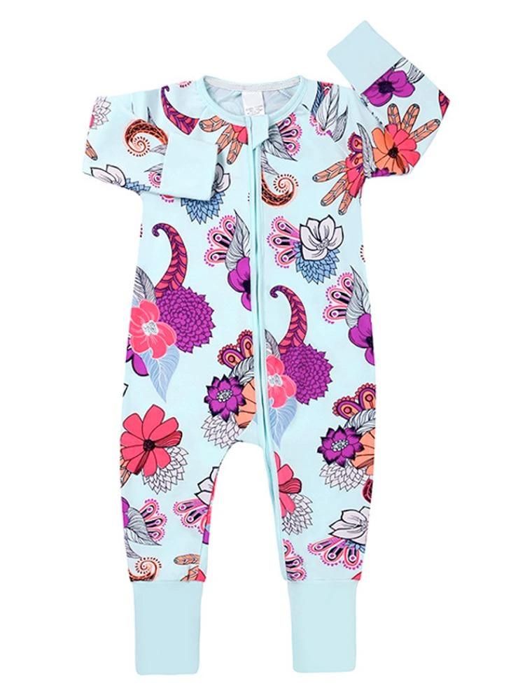Pale Blue Exotic Flowers Baby Zip Sleepsuit with Hand & Feet Cuffs - Stylemykid.com
