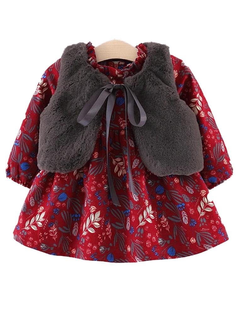 Winter Petal Dark Red Dress with Matching Grey Faux Fur Gilet - Stylemykid.com