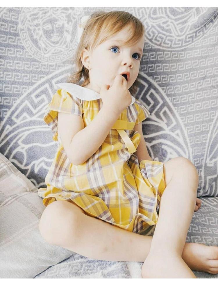 Yellow Plaid Girls Peter Pan Collar Dress 3 to 6 Years - Stylemykid.com