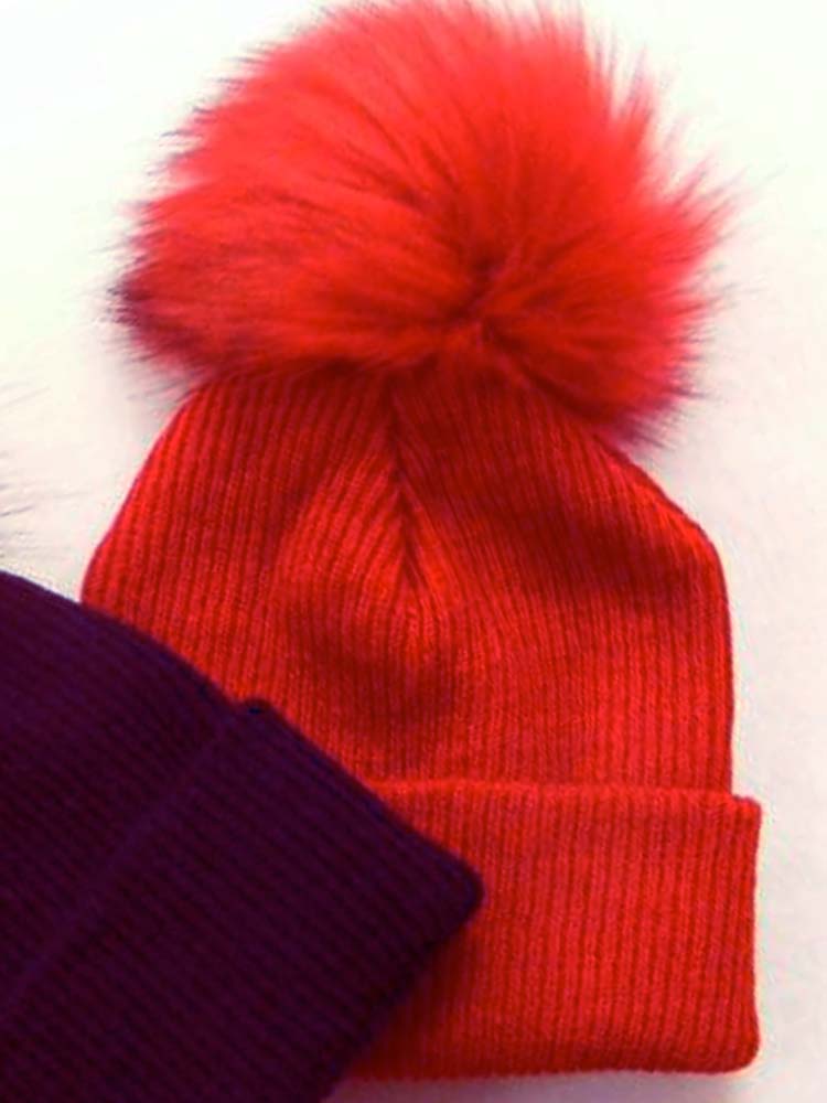 Ribbed Faux Fur Pom Pom Hat - Bright Red - 3-24 Months - Stylemykid.com