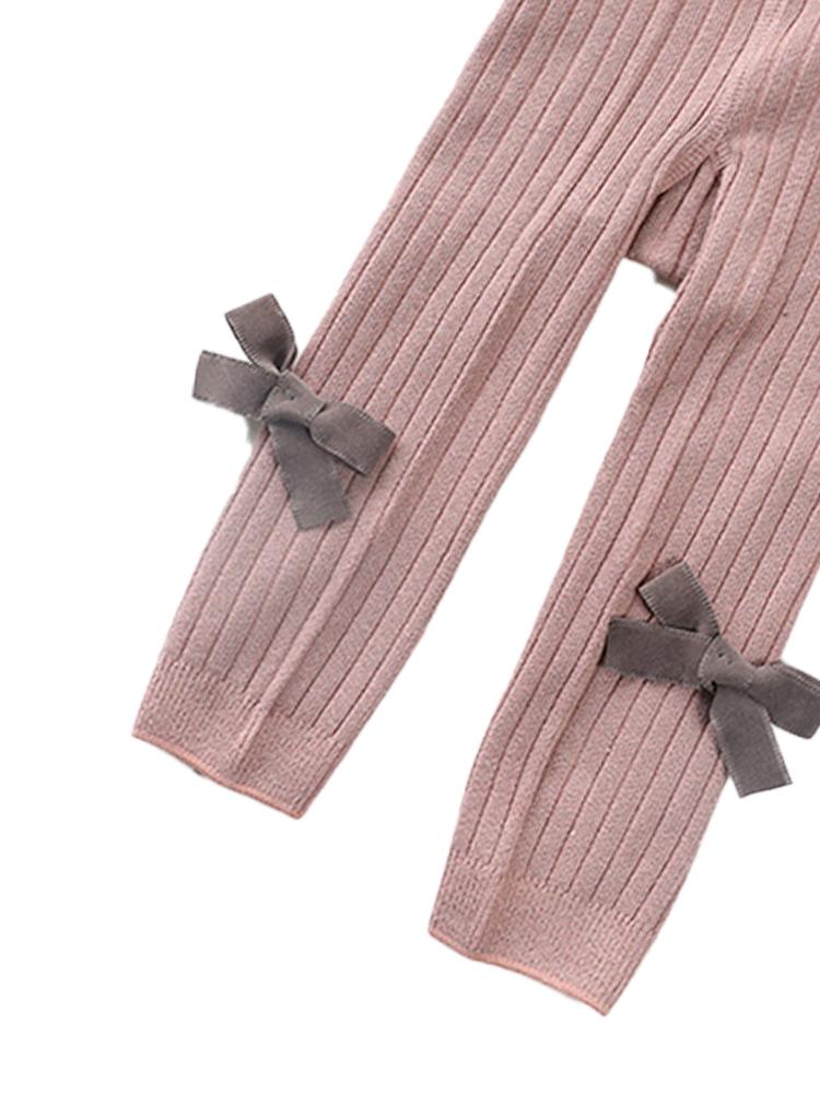 Dusky Pink Ribbon Bow Ribbed Footless Girls Tights/ Leggings - Stylemykid.com