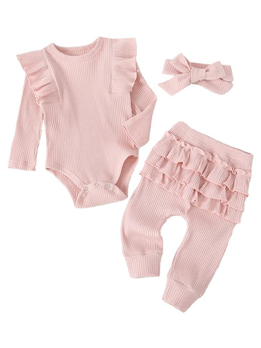 Pastel Pink Baby Girl 3 Piece Ruffle & Ribbed Bobysuit, Leggings & Headband Outfit - 3-12Months - Stylemykid.com