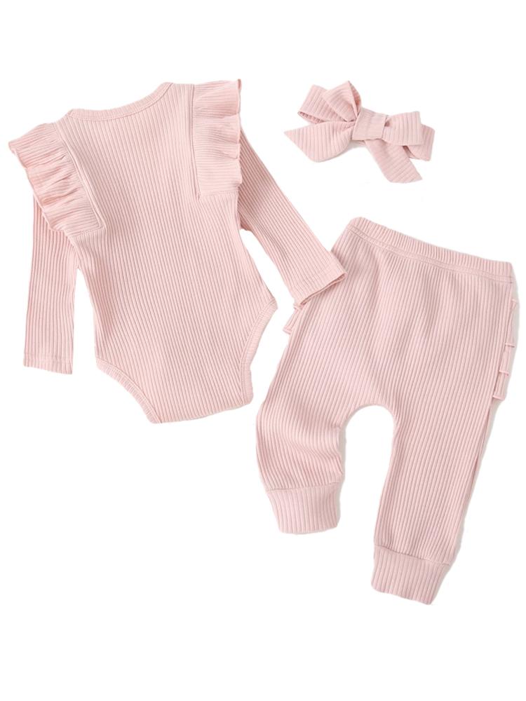 Pastel Pink Baby Girl 3 Piece Ruffle & Ribbed Bobysuit, Leggings & Headband Outfit - 3-12Months - Stylemykid.com