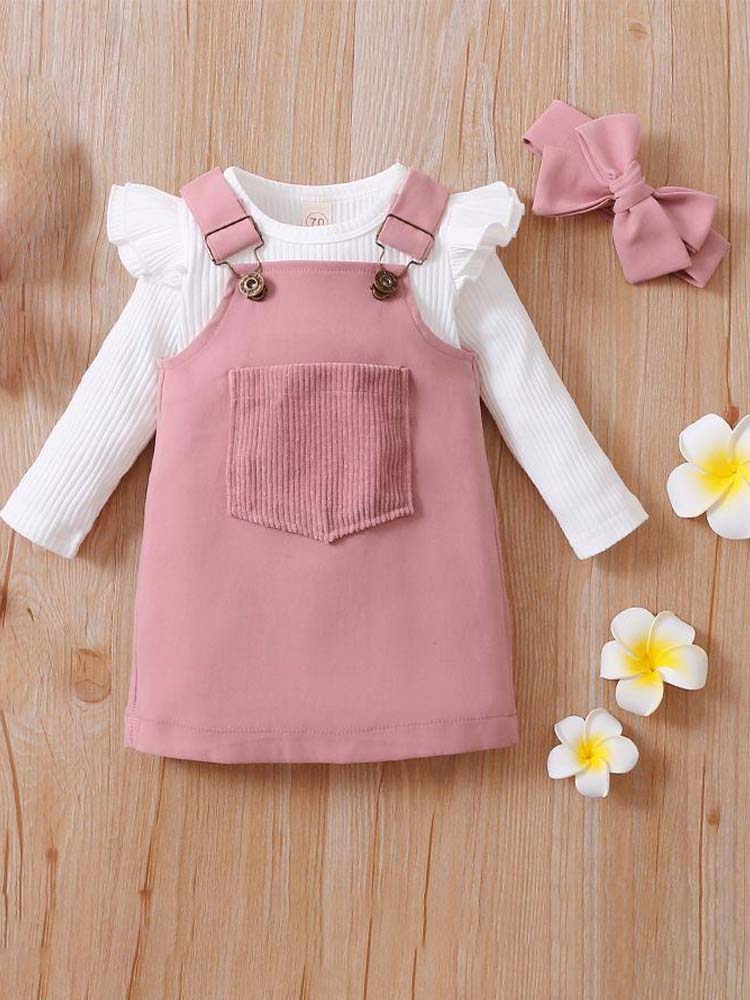 Baby Girl Pink Pinafore Dress, White Bodysuit & Matching Headband 3 Piece Outfit - 3-12Months - Stylemykid.com