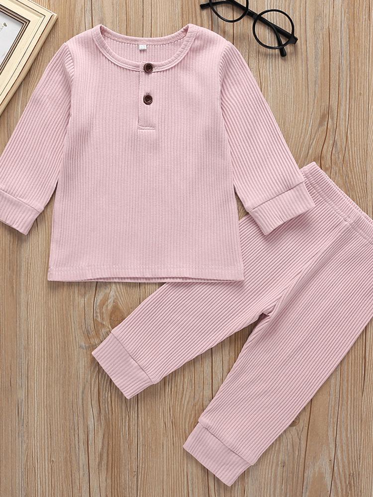 Baby Pink Matching 2 Piece Ribbed Button Top & Bottoms Lounge Outfit 6 to 9 months - Stylemykid.com