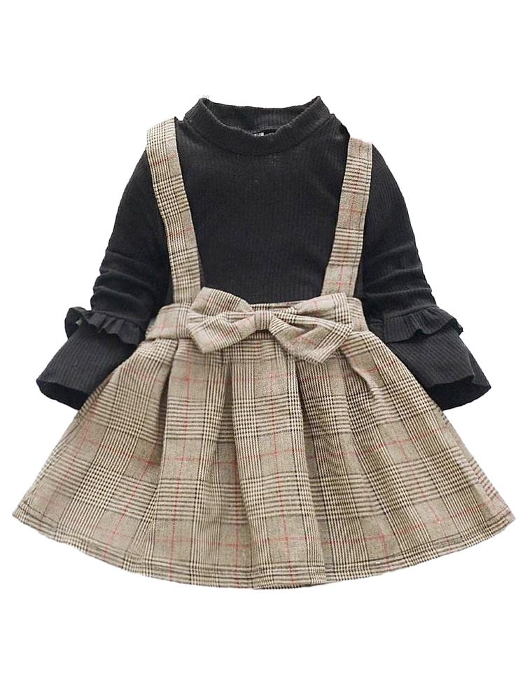 Classic Plaid Colour-Block Dress with Bow and Braces and Black Top - Stylemykid.com