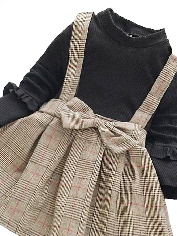 Classic Plaid Colour-Block Dress with Bow and Braces and Black Top - Stylemykid.com