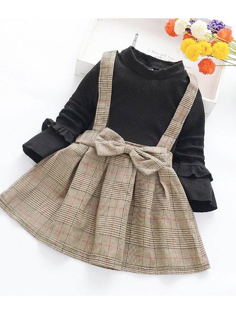 Classic Plaid Colour-Block Dress with Bow and Braces and Black Top - Stylemykid.com