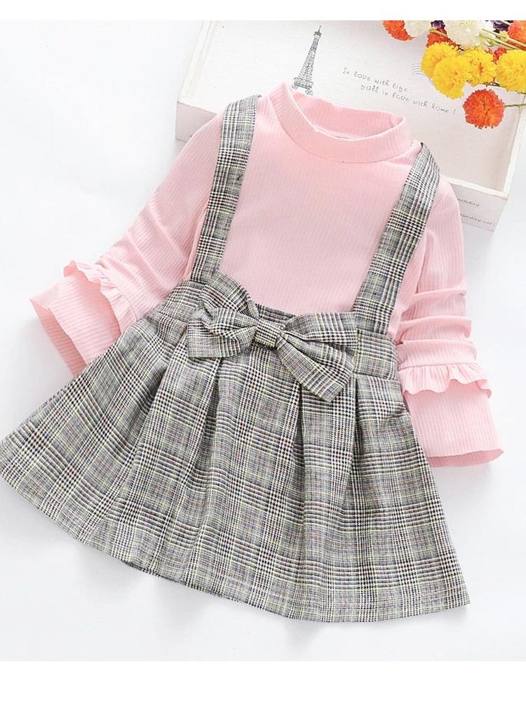 Classic Plaid Colour-Block Dress with Bow and Braces with Pink Top - Stylemykid.com