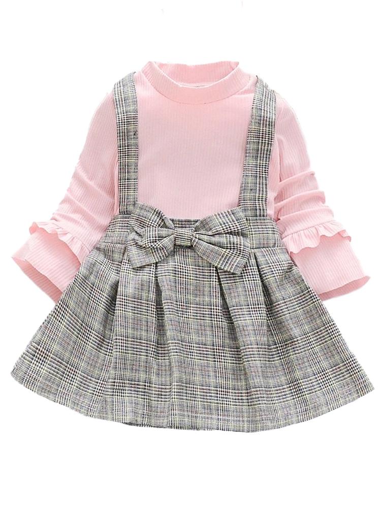 Classic Plaid Colour-Block Dress with Bow and Braces with Pink Top - Stylemykid.com