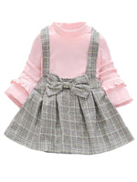 Classic Plaid Colour-Block Dress with Bow and Braces with Pink Top - Stylemykid.com